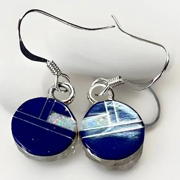 Navajo Sterling Silver Mosaic Opal Inlay Drop Earrings by Cheryl Martinez NEW